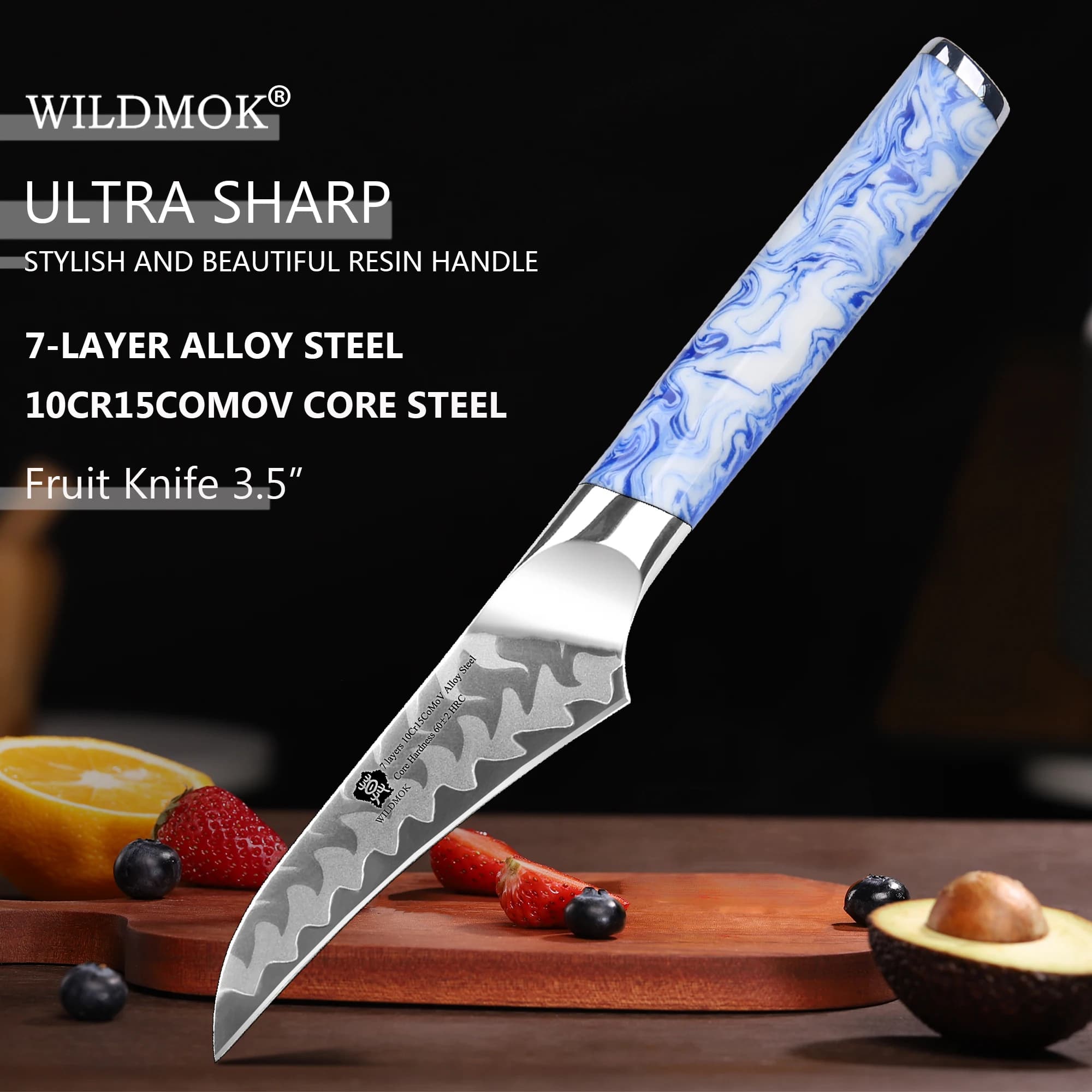 Coltello per Sbucciare Frutta WILDMOK da 3,5 Pollici, 7 Strati di Acciaio Stratificato con Nucleo in Acciaio 10Cr15CoMoV, Coltello da Cucina con Manico in Resina