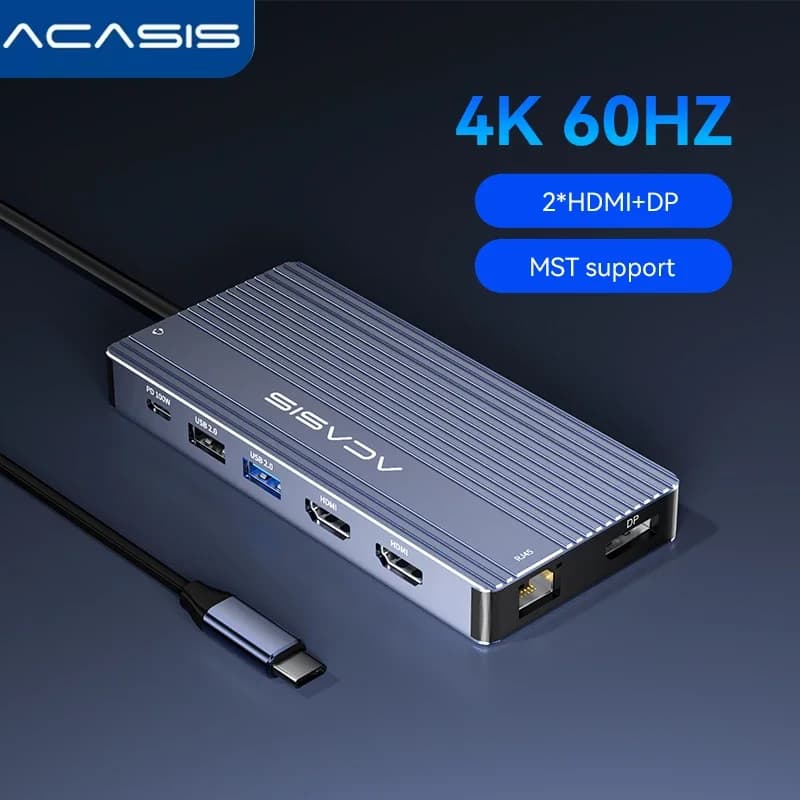Docking station hub USB C Acasis 14in1 10 Gbps USB-C 3.1 a doppia HDMI 4K60Hz, PD100W 1000 Mbps Ethernet 2 porte USB-A per laptop