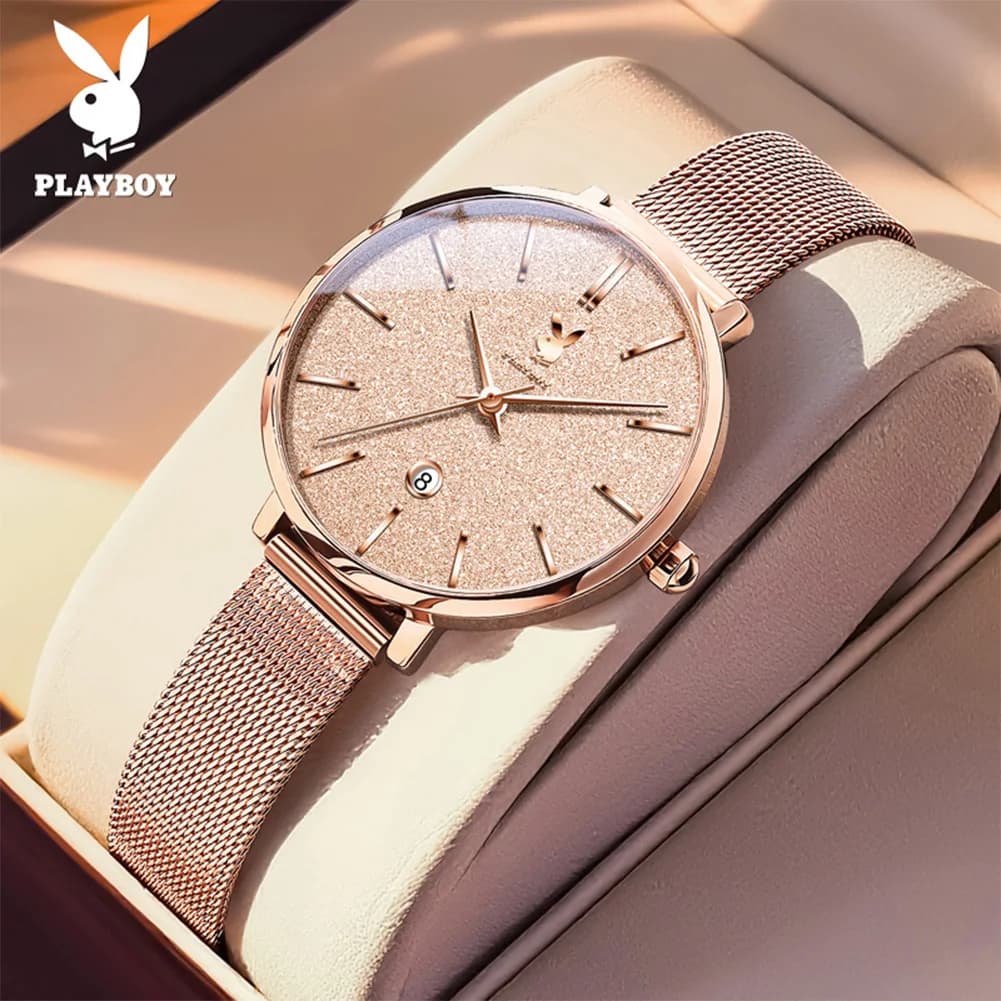 PLAYBOY 3093 Women Watch Luxury Brand Fashion Mesh Strap Ladies Quartz Wristwatch Minimalist Waterproof Date Clock For Female