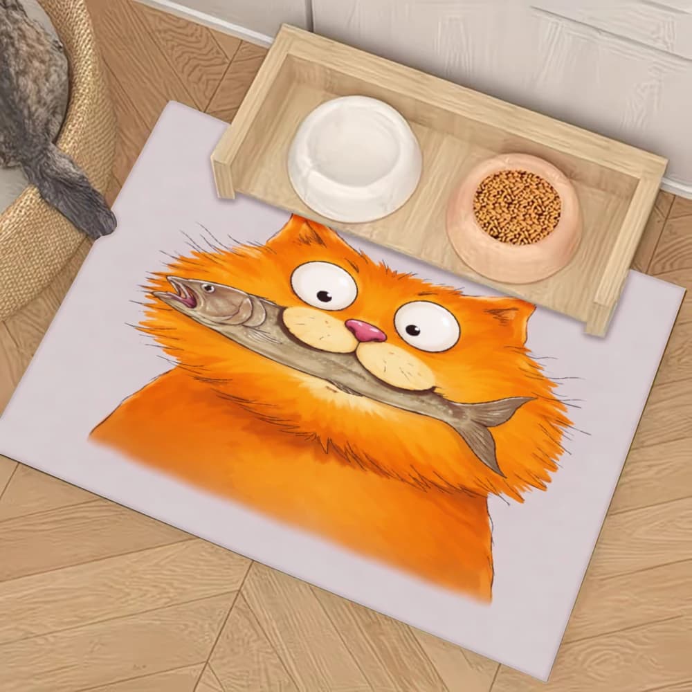 Tappetino per l'alimentazione degli animali domestici antiscivolo con motivo gatto arancione e pesce, accessori per animali domestici, tappetini antispruzzo e antiscivolo per cani e gatti