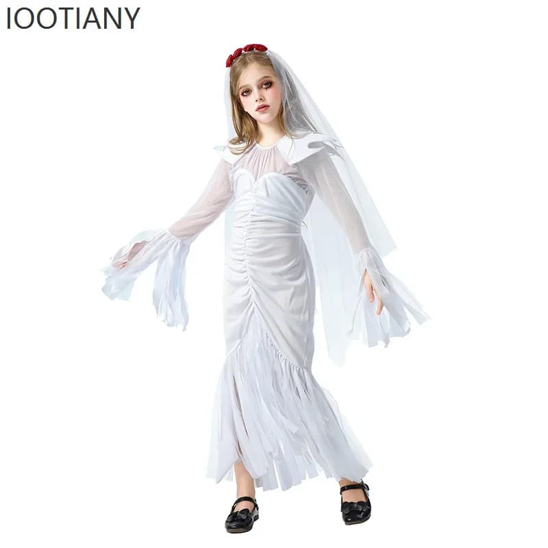 CosplayHalloween Costume per bambini Fantasma Sposa Costume da strega Cosplay Divertente abito bianco Festa di carnevale Ragazza Spettacolo teatrale Co