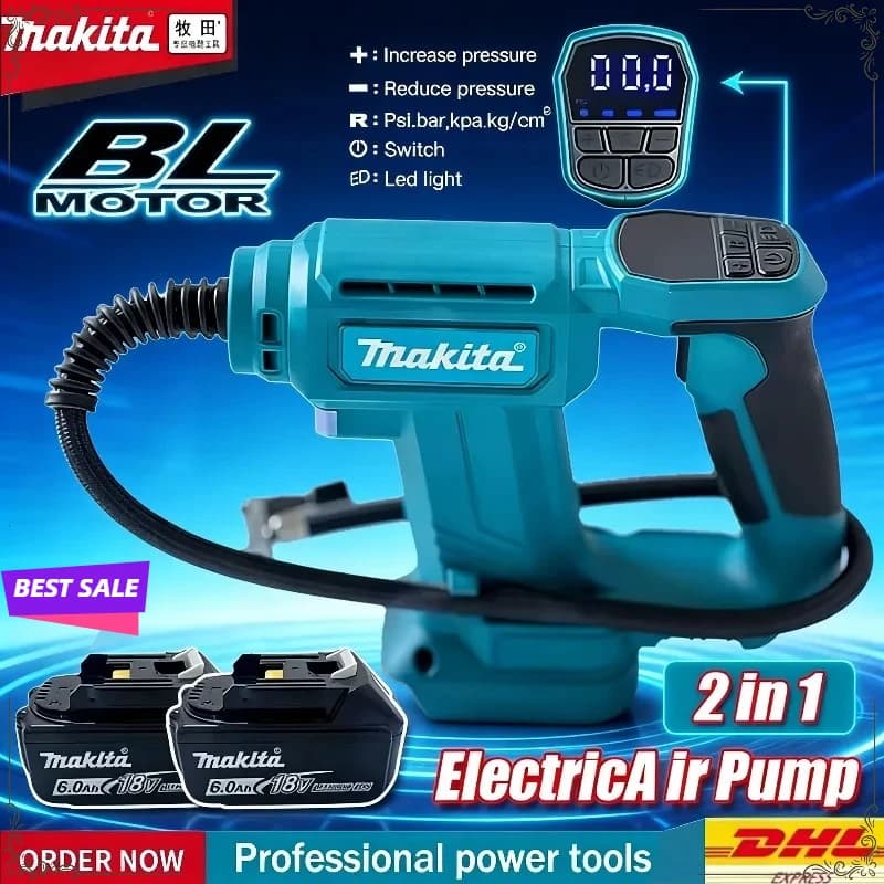 Compressore d'aria Makita, pompa d'aria con display digitale, gonfiatore portatile per pneumatici auto, compatibile con batteria Makita 18V.