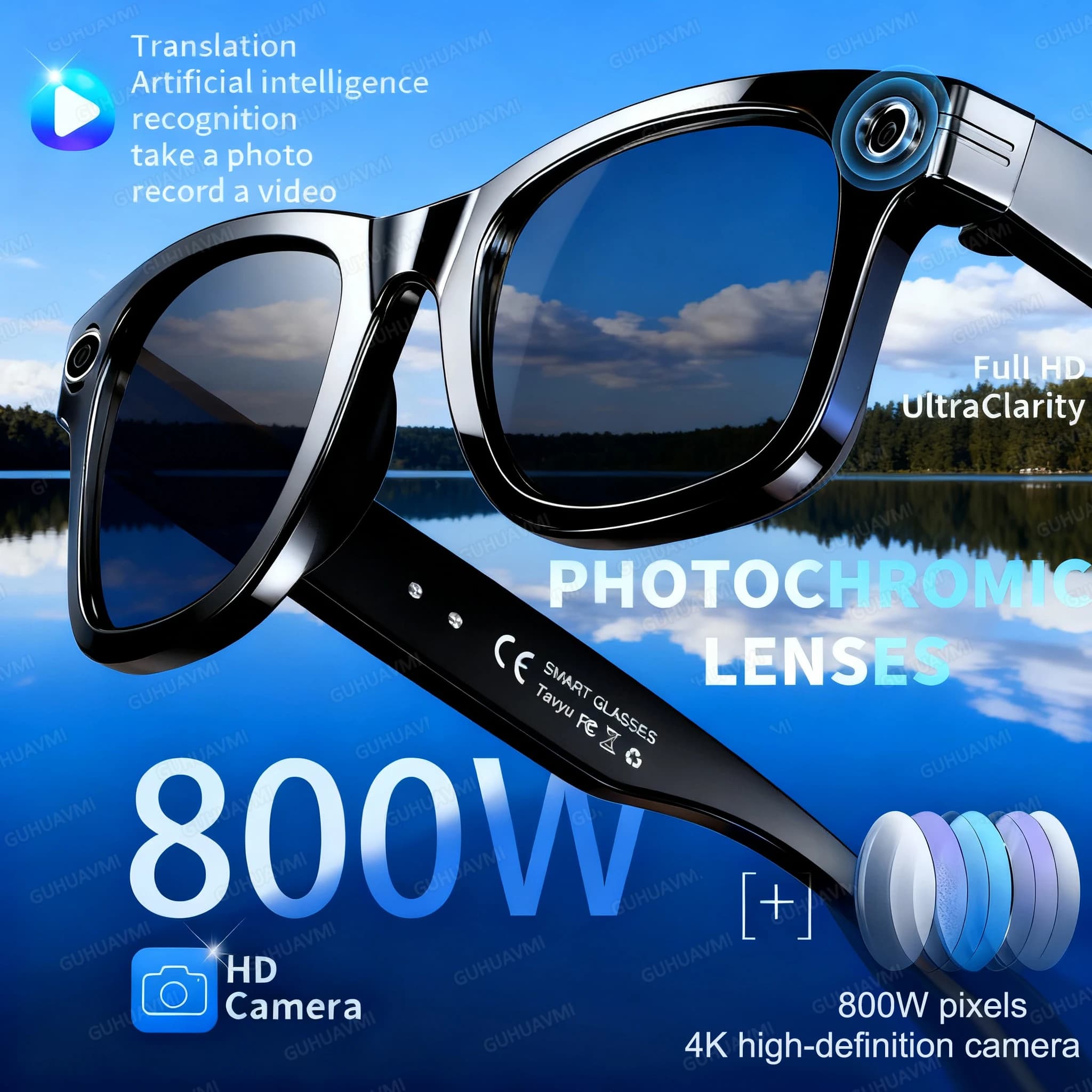 New smart glasses for 8 million pixel camera Video recording Photo recognition AI Response translation Waterproof blue light glasses