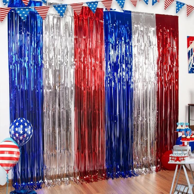 Amazon Popular American Independence Day Rain Curtain Arrangement Party Decoration Supplies Bright Rain Curtain Fringed Ribbon
