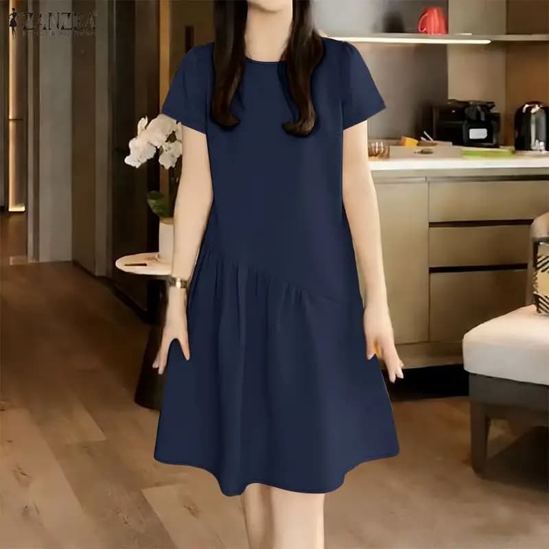 Abito Estivo 2026 ZANZEA da Donna a Maniche Corte, Lunghezza al Ginocchio, Elegante per Vacanze e Spiaggia, Vestito Casual Tinta Unita per Lavoro