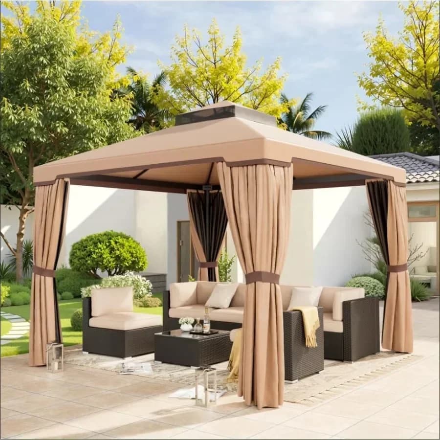 10 x 10 Feet Outdoor Gazebo for Patio Iron Fe Garden Permanent Gazebo with Vented t and Mosquito Netting Khaki