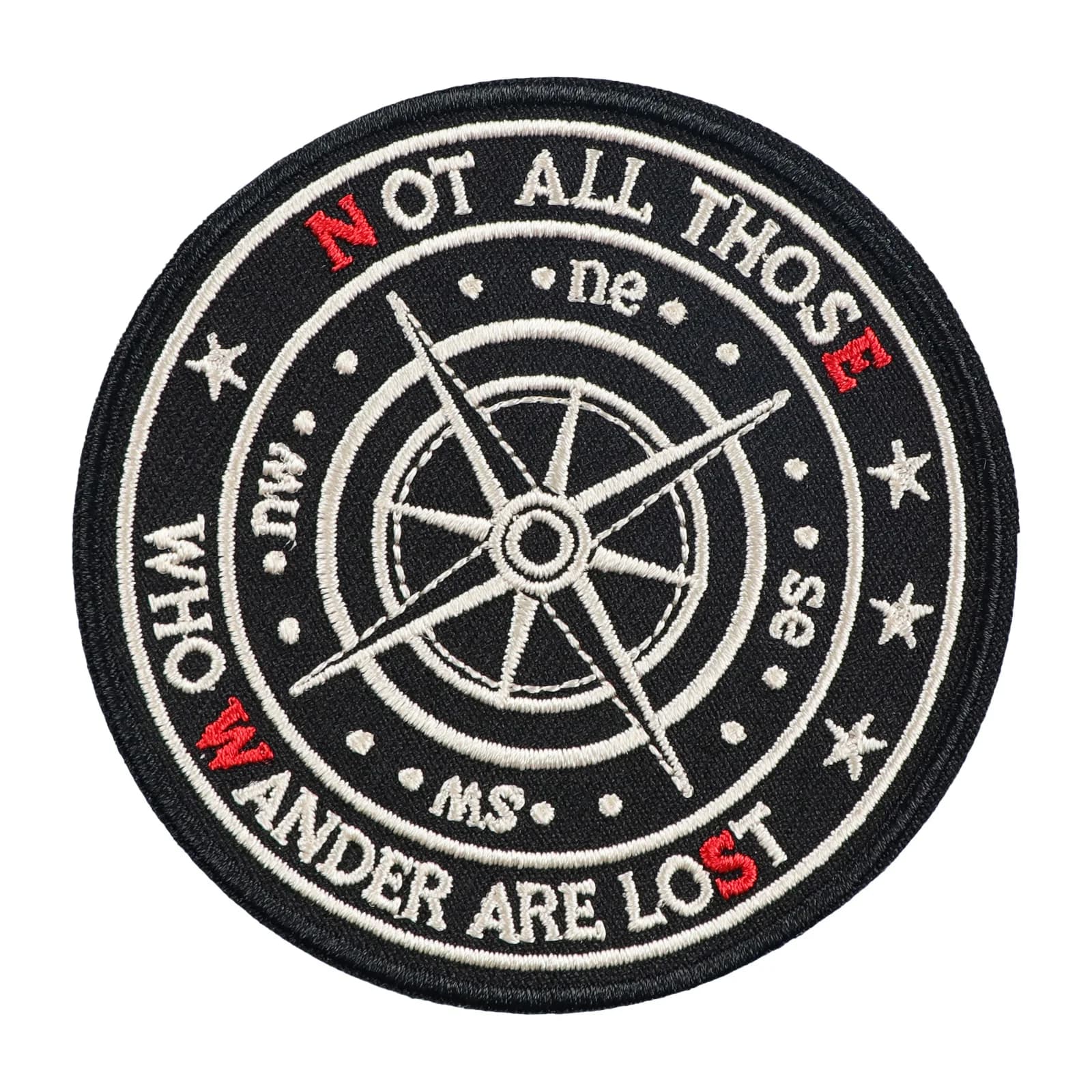 1Pc Not All Those Who Wander Are Lost Patch Compass Slogan Embroidered Badges Merrowed Border Iron on for Jacket