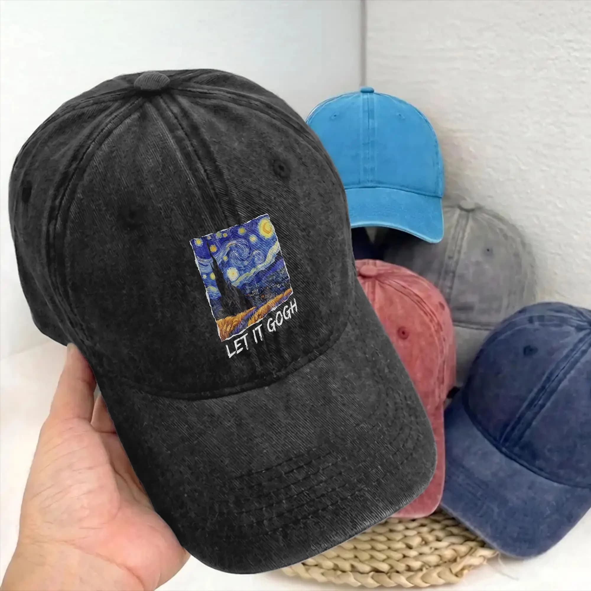 Let it Gogh Funny Vincent Van Gogh Starry Night Men Women Unstructured Baseball Cap Painting Distressed Washed Hat Adjustable