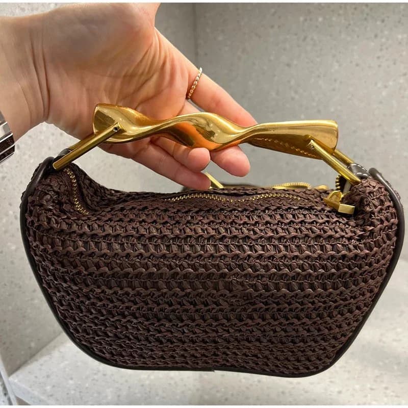 Borsa intrecciata a mano di marca con manico in oro Borsa a tracolla di lusso alla moda casual con design a fiocco in pelle di fascia alta squisita con cerniera marrone