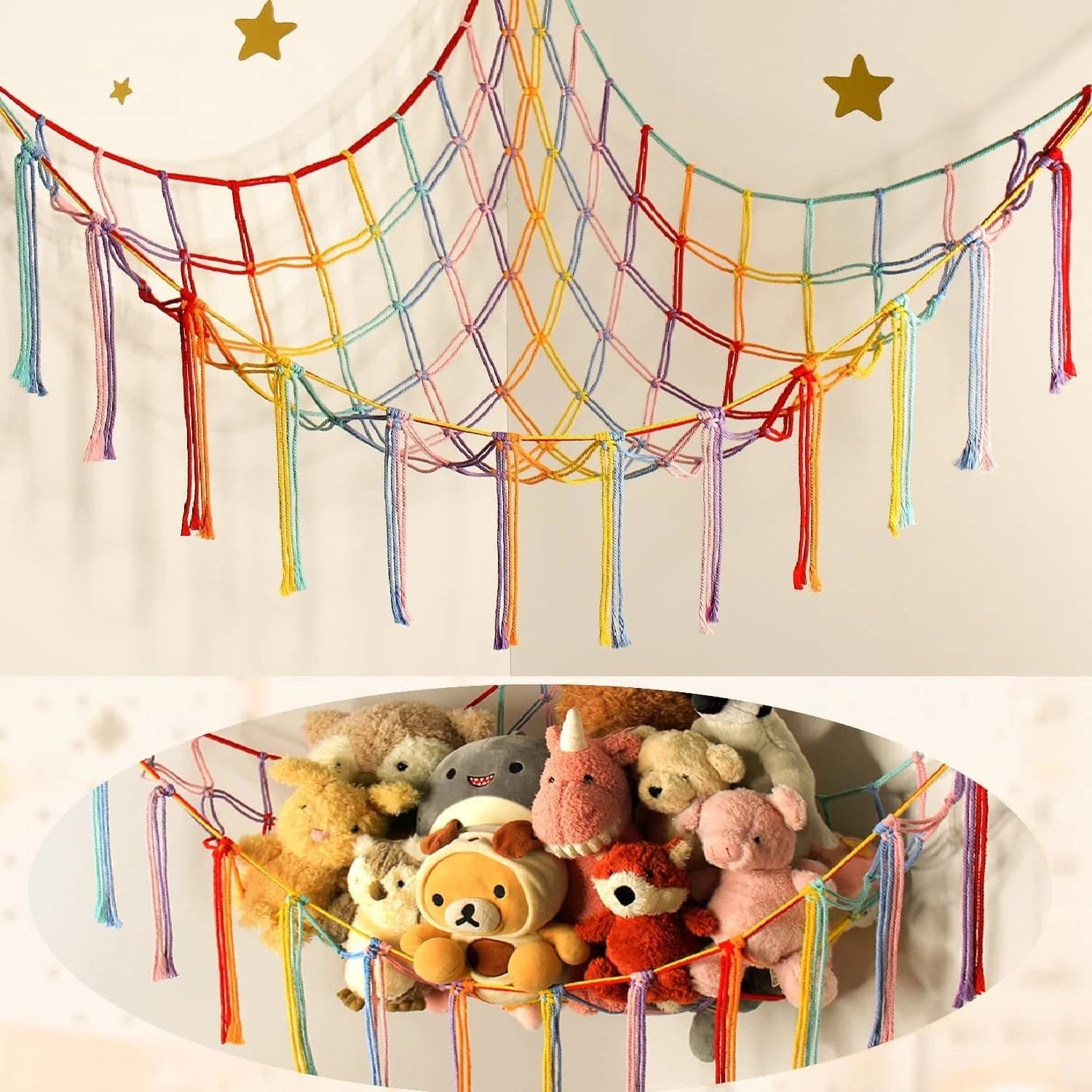 Rete portaoggetti triangolare in corda intrecciata a mano, per angolo camera da letto, porta giocattoli, amaca per bambole, decorazione da parete.