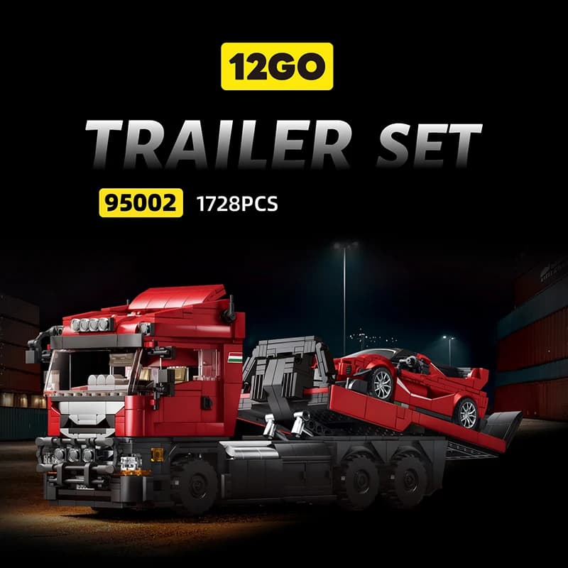 Red Tractor Truck & Red Super Luxury Sports Car 8-Wide Transport Vehicle Building Set, DIY Combo Model, Collector Decor Gift for