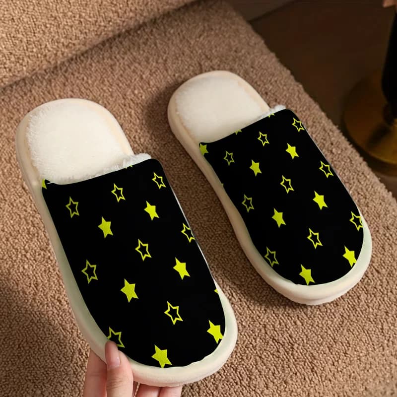 Neon Stars Luxury Plush Slippers Men Women Winter Warm Indoor Home Shoes Soft And Lightweight Bedroom Slippers