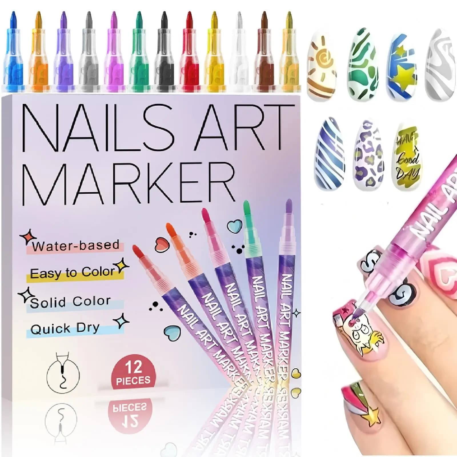 Set di 12 Pennarelli Acrilici per Unghie, Colorati, per Disegno e Decorazione, Strumento per Nail Art Fai-da-Te, Impermeabili e ad Asciugatura Rapida