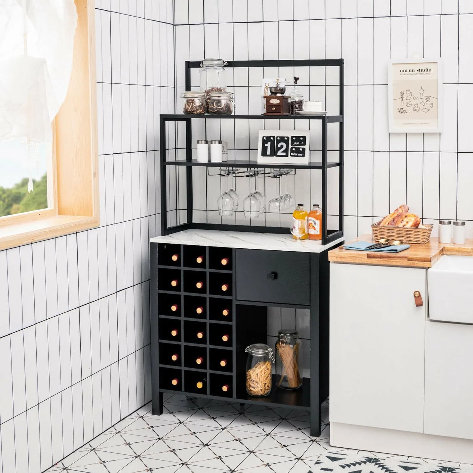 Mobiletto da cucina con portabottiglie e cassetto, nero