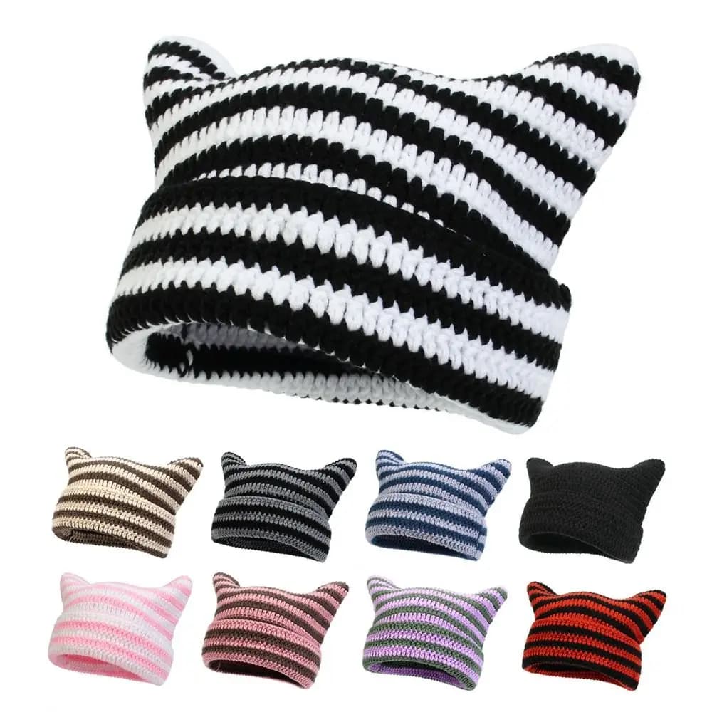 Berretto Giapponese Casual con Orecchie di Gatto, Caldo Cappello in Lana Lavorato a Maglia Unisex Stile Punk Gotico Y2K Harajuku, Cappello a Righe