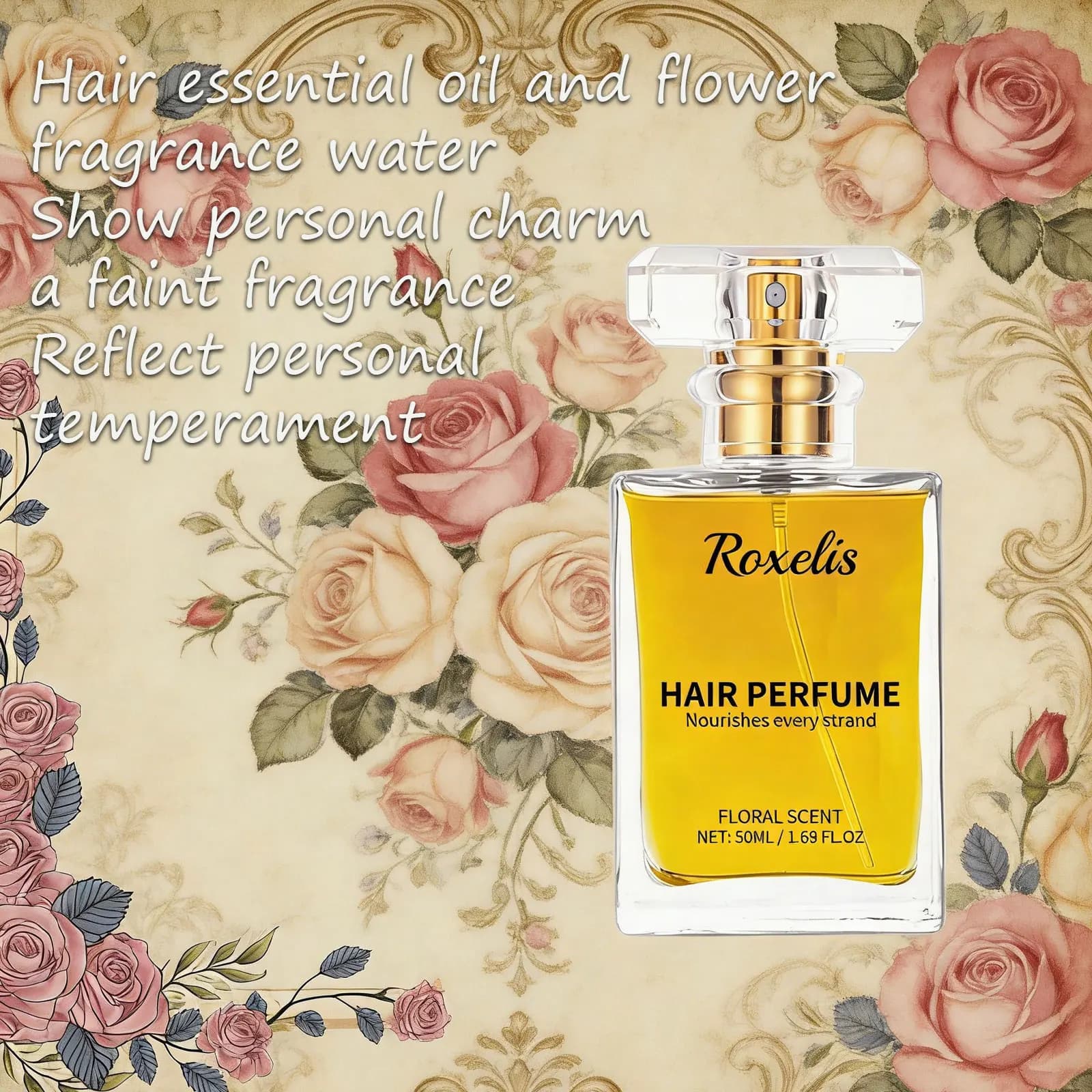 Roxelis 50ml Olio Essenziale Profumato Floreale Rinfrescante per Capelli, Fragranza Duratura, Profumo Incantevole, Nutre e Ripara Capelli Ricci e Secchi