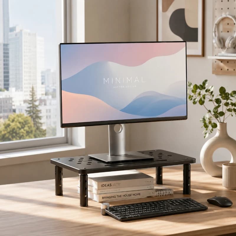 Elevated Black Monitor Stand, Adjustable Telescopic Computer Rack, Desk Screen Riser for Office Storage Use