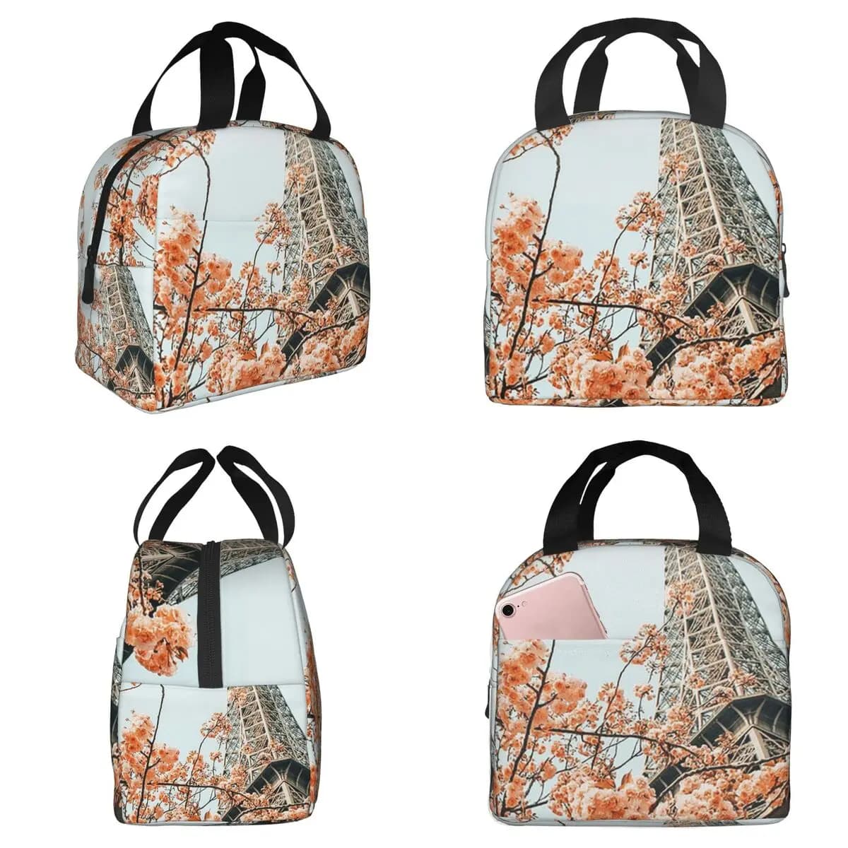 Borsa termica per il pranzo con torre Eiffel e fiori di ciliegio, per ufficio, contenitore termico per alimenti, borsa termica portatile per il pranzo