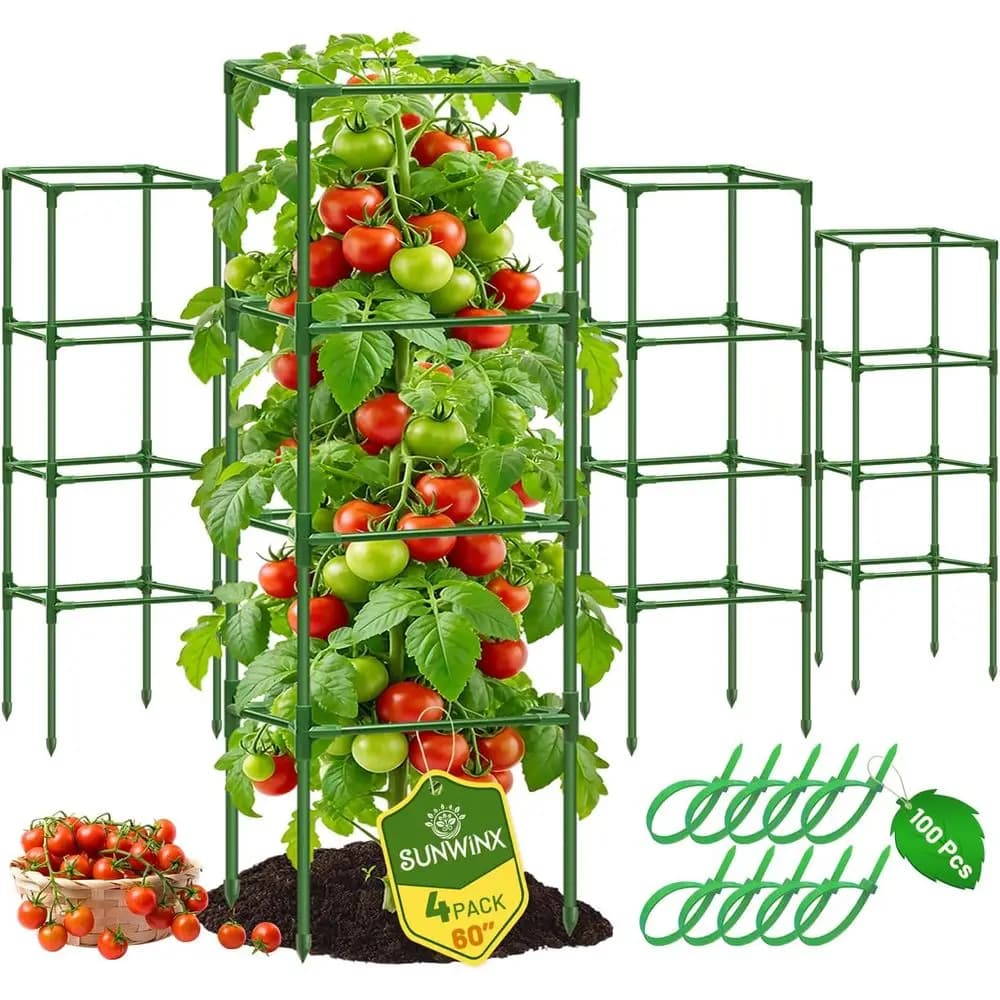 Set di 4 Gabbie Quadrate per Pomodori o Supporti da Giardino, Pali Regolabili per Pomodori da 60 Pollici, Traliccio in Metallo per Pomodori, Supporto per Piante da Giardino o Vasi