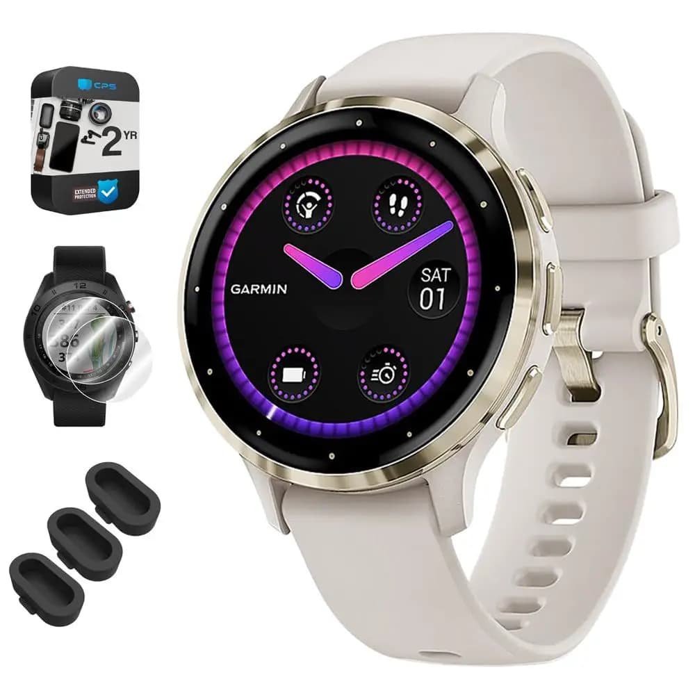 0100278504 Venu 3S Health Fitness GPS Smartwatch Gold Steel Bezel with Ivory Case 41mm Bundle with Dust Cover 3 Pack, 2Pack Scr