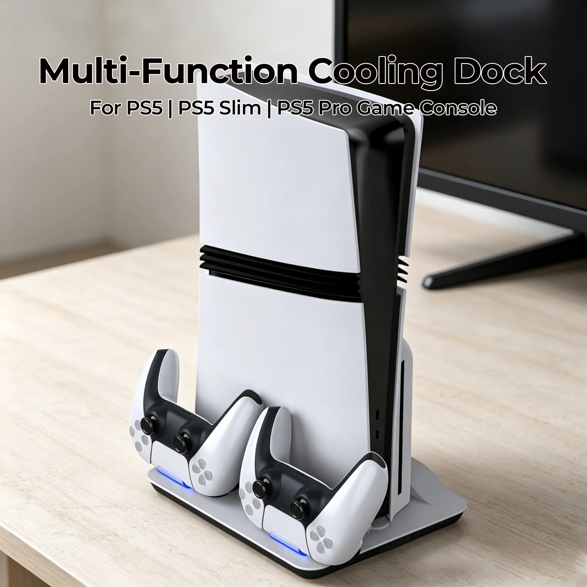 Multi-Functional Vertical Cooling Stand For PS5/PS5 Slim/PS5 Pro – With Controller Charging Dock, 3 Rotating Speed & USB Port