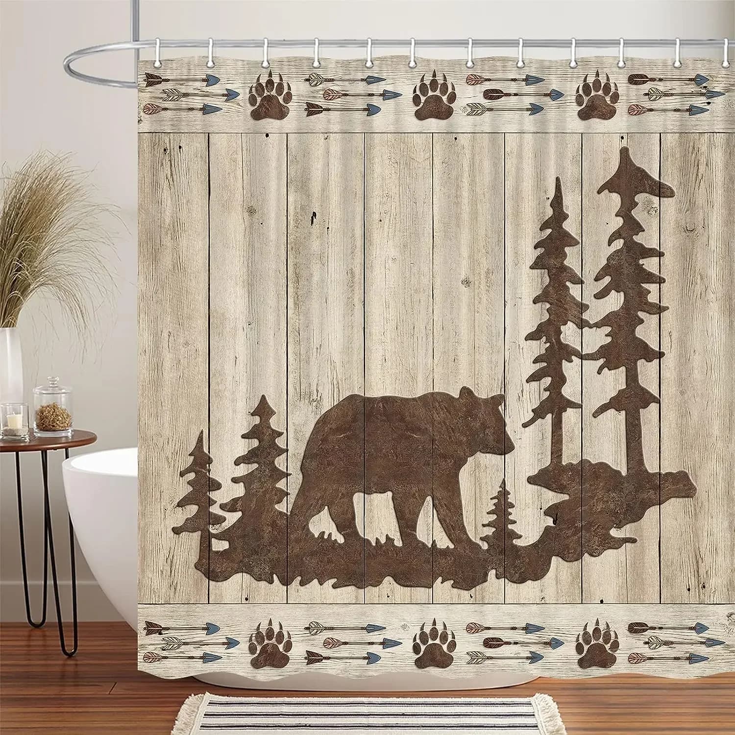 Tende da doccia con orso per bagno Animali selvatici Cabina rustica Foresta Orso Stampa Tavola di legno Set di tende da bagno in tessuto Decorazioni per il bagno