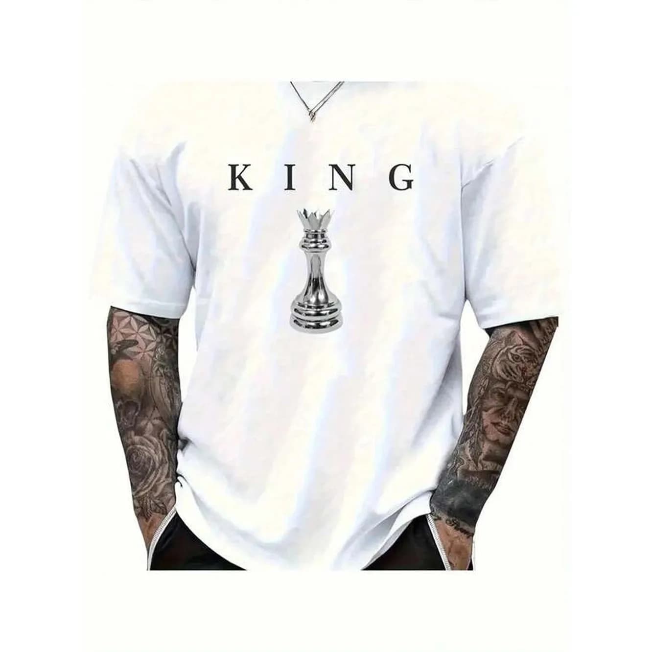 THE KING Men'S 180g Heavy Cotton T-Shirt - Black Chess King Pattern Print, Casual Short Sleeve Round Neck Top, Fashionable, Super Soft, Breathable, Moisture Wicking, Suitable For Running And Weekend