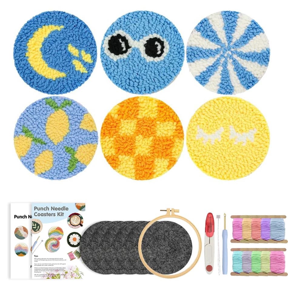 Punch Needle Coaster Kit for Beginners Adults 6pcs Unique Summer Designs Premium Yarn Tools Included DIY Embroidery Craft Gift