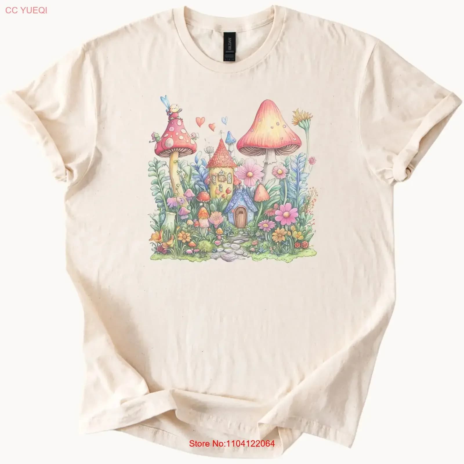 Fairy Mushroom Cottage T Shirt Pastel Garden Flowers Fantasy vintage Washed Soft Slightly Breathable Comfortable