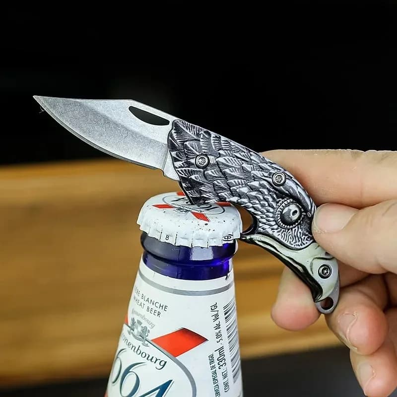 Eagle Head 3D Engraved Folding Knife, Stainless Steel Mini Keychain Knife with Bottle Opener, EDC Outdoor Camping Pocket Tool Gi