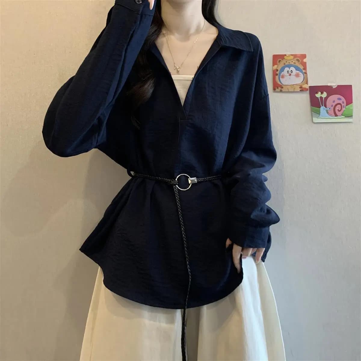 Textured Lapel Long Sleeve Shirt Women V Neck Loose Oversized Waist Belted Tunic Casual Blouse
