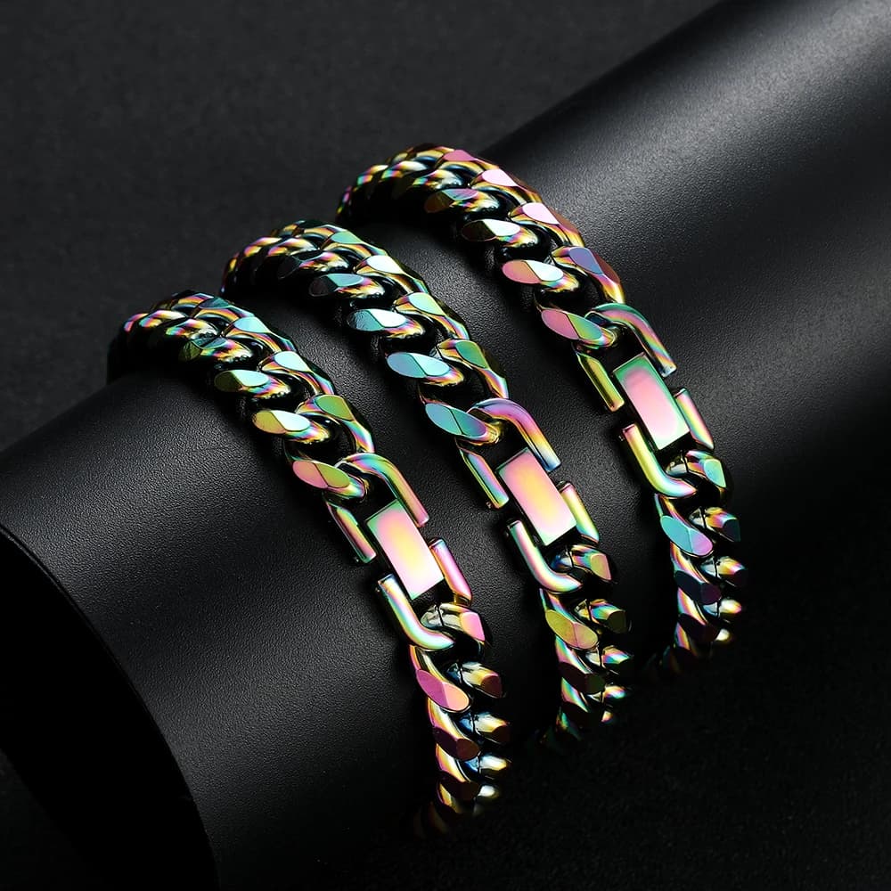 New Arrival Width 10MM 316L Stainless Steel Colorful Cuban Chain Bracelet for Men Fashion Hip Hop Party Gifts Jewelry