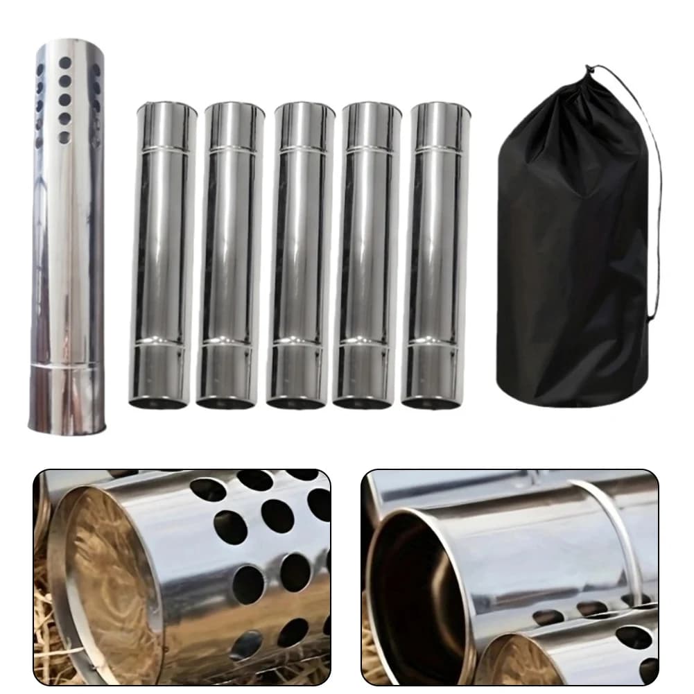 5Pcs Stainless Steel Wood Stove Chimney Pipe Kit With Spark Arrestor Portable Exhaust Vent Pipe For Camping Tent Outdoor Cooking