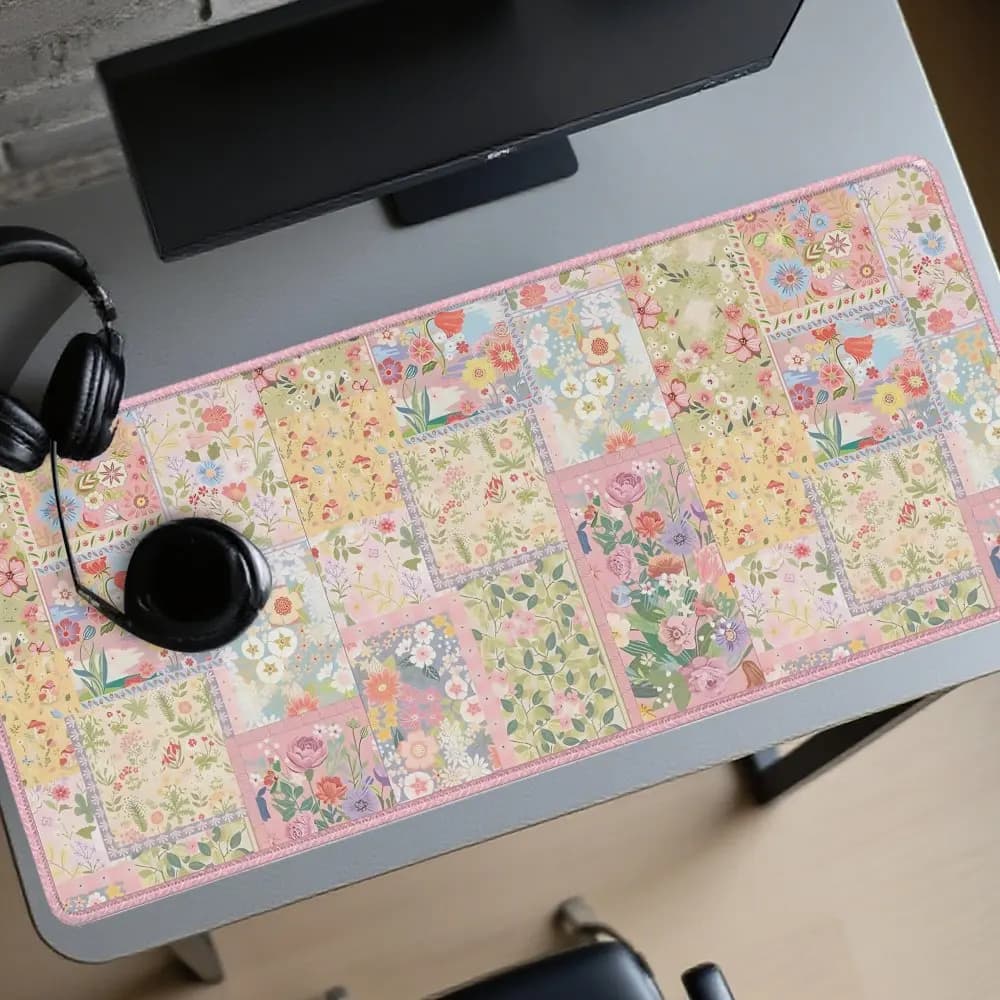 Extra Large Japanese Style Desk Mat with Floral Patterns, Rubber Anti-slip Mouse Mat for PC Gaming