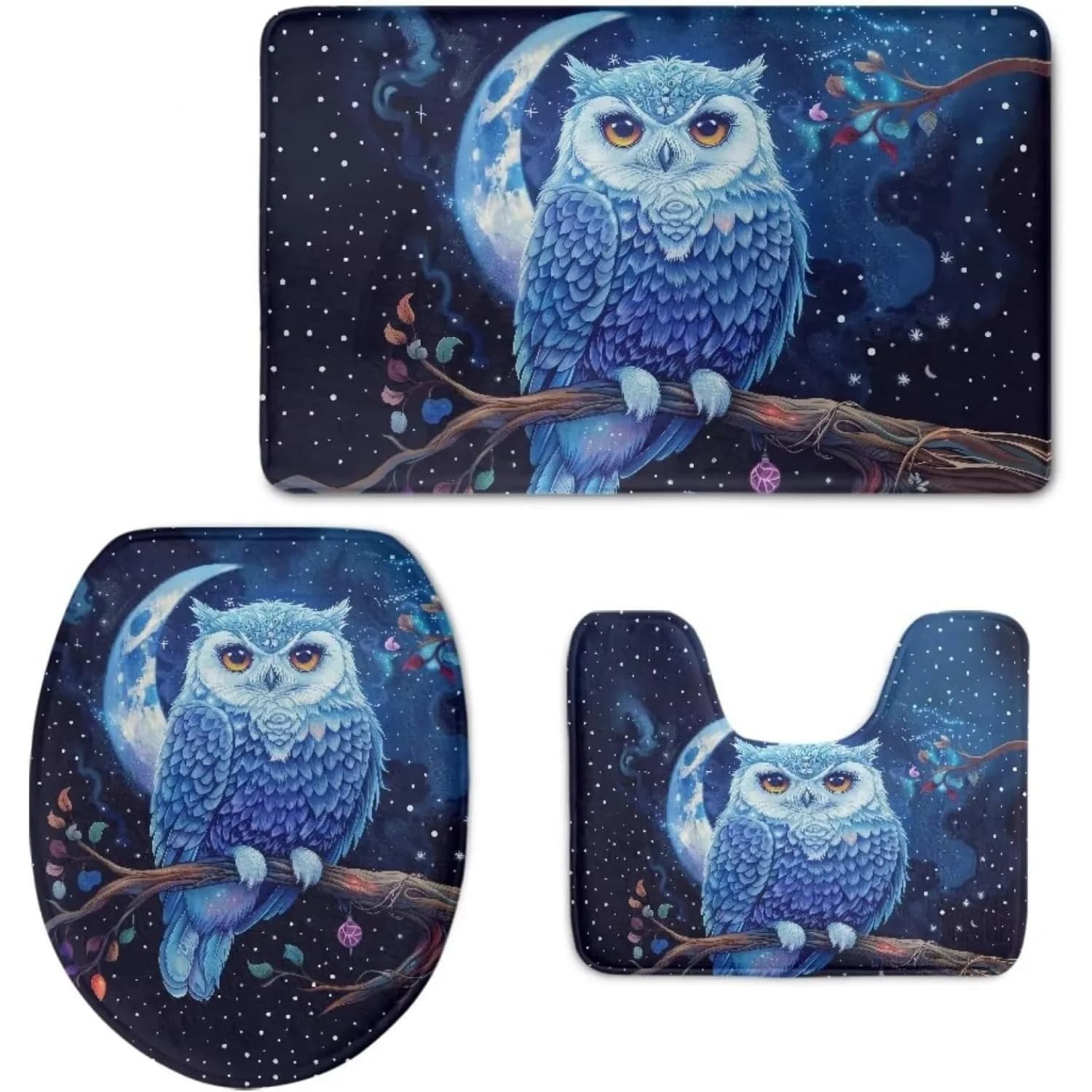 Set di tappeti da bagno in poliestere Blue Owl Moon da 3 pezzi, cuscino in memory foam ad asciugatura rapida, tappetino da bagno antiscivolo per interni ed esterni per camper