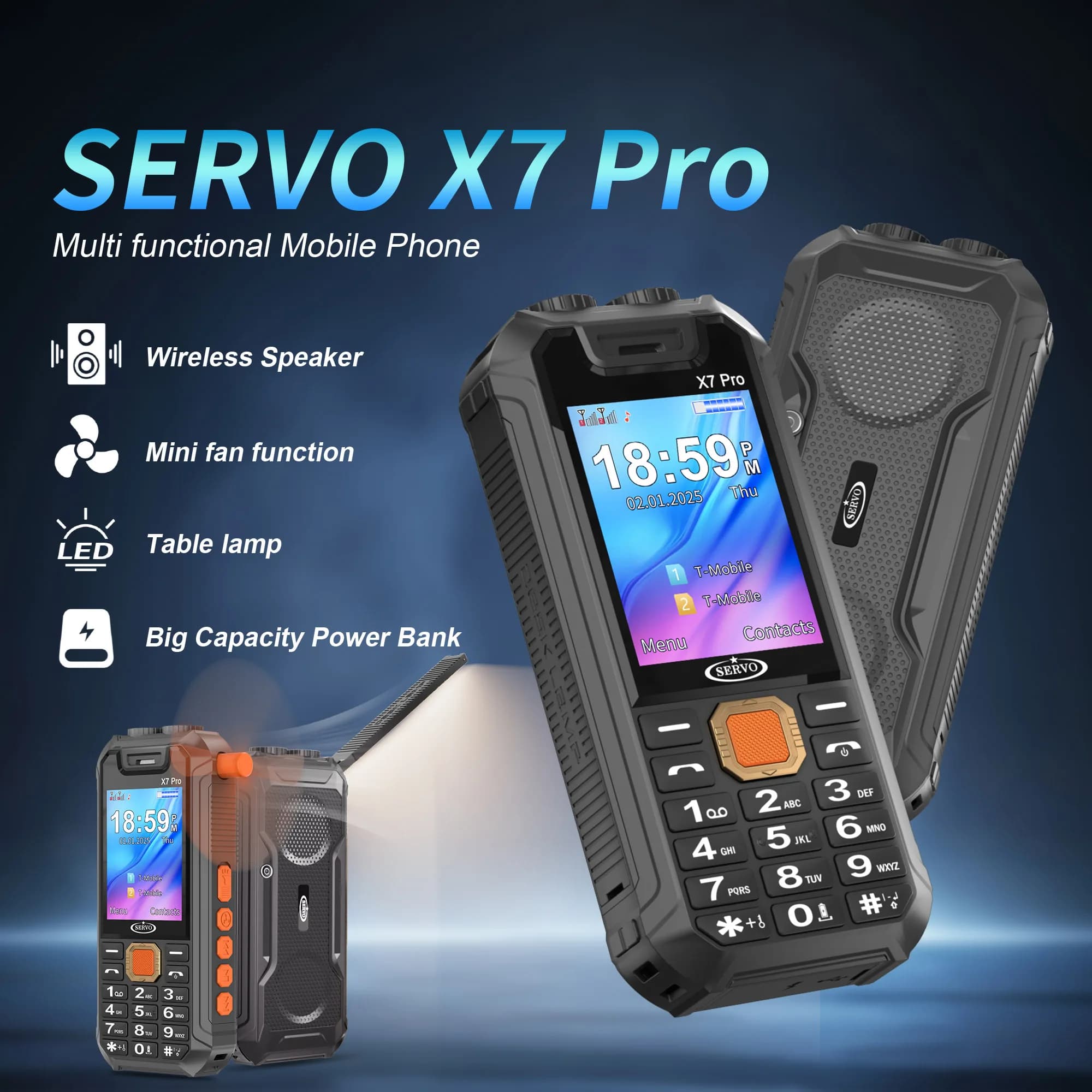 SERVO X7 PRO Telefono cellulare multifunzionale Dual SIM Standby Chiamate Registrazione Blacklist Magic Voice Mini Fan Power Bank Telefono GSM 2G