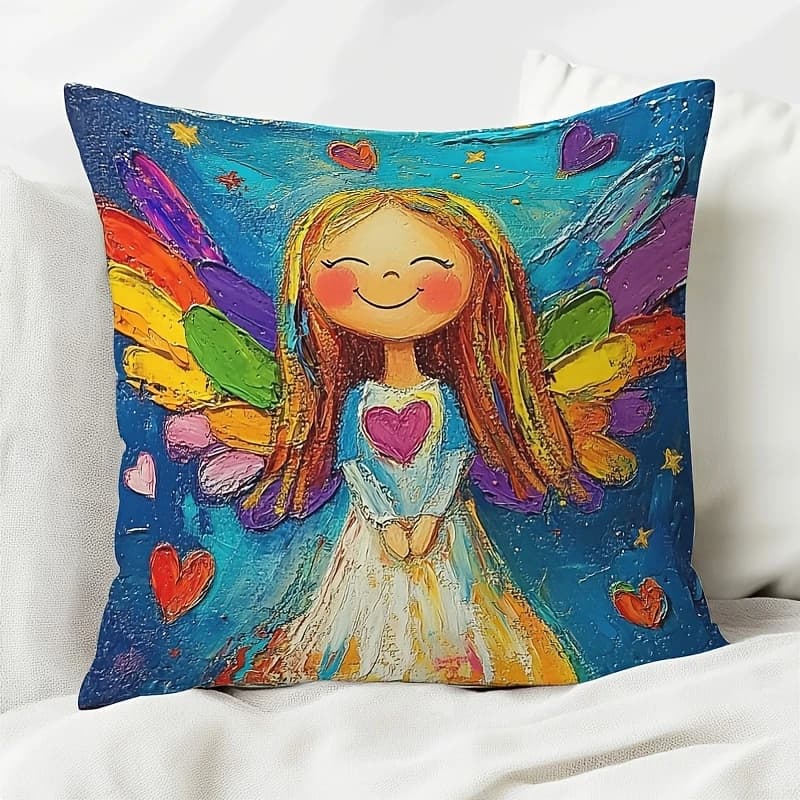 VIKAMA Oil Painting Rainbow Angel Girl Pillowcase, Dopamine-Inspired Washable Zipper Cushion Cover, Sofa and Bedroom Home Decor