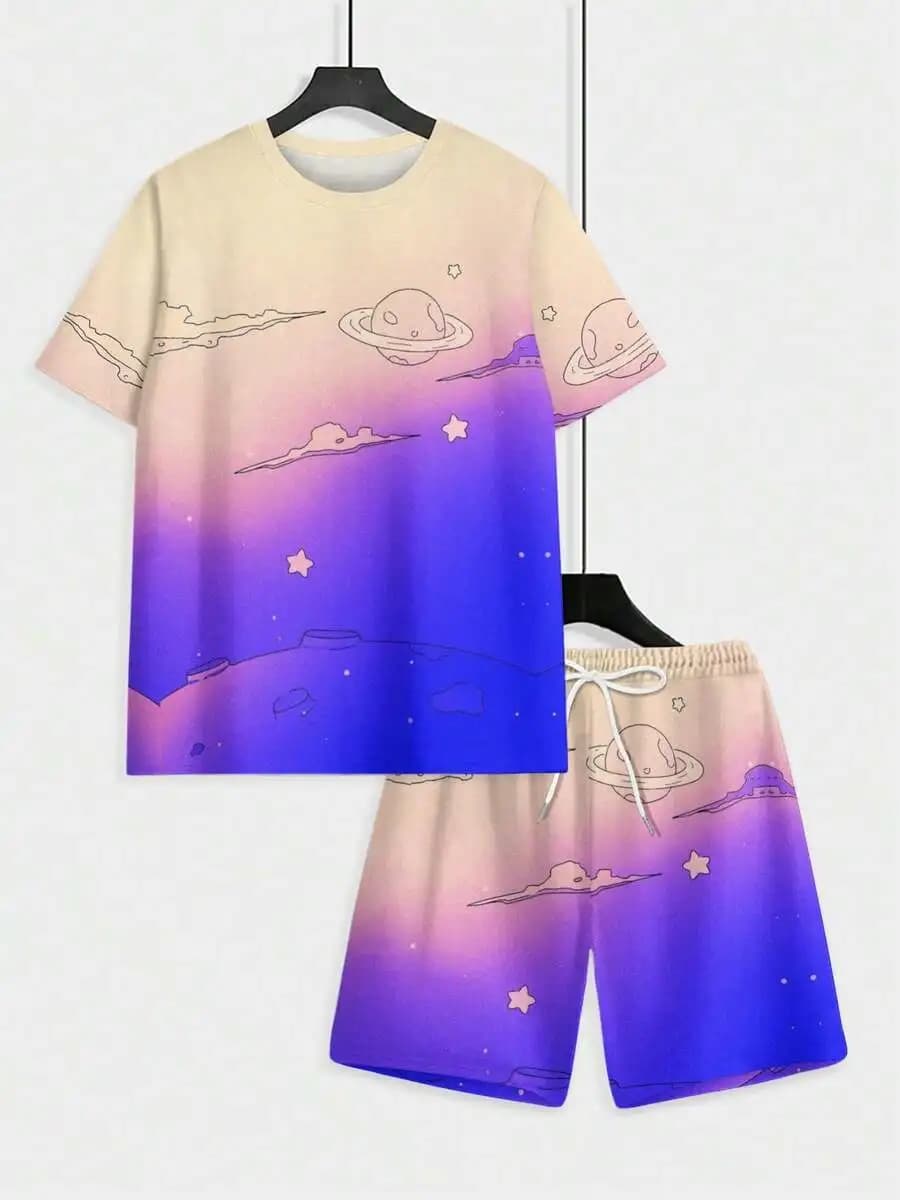 Set da uomo con stampa Space Planet, maniche corte sfumate, pantaloncini da spiaggia casual rosa viola