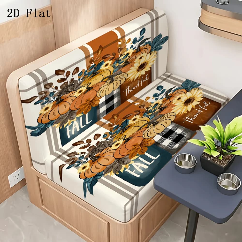 2pcs Fall Thankful Patchwork Plaid Pumpkin Sunflower RV Dinette Booth Seat Cover Stretch Camper Bench Slipcover