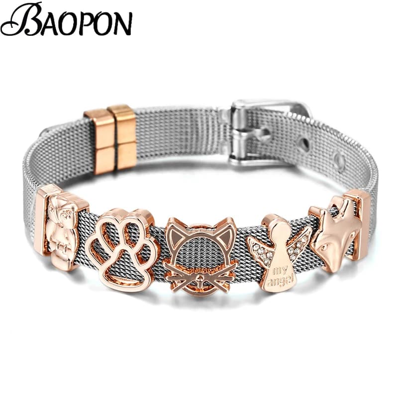 Cinturino per orologio in acciaio inossidabile bracciale in rete Micro Pave CZ Crystal Fairy Fox Charm bracciale per donna uomo Party Wedding Jewelry Gift