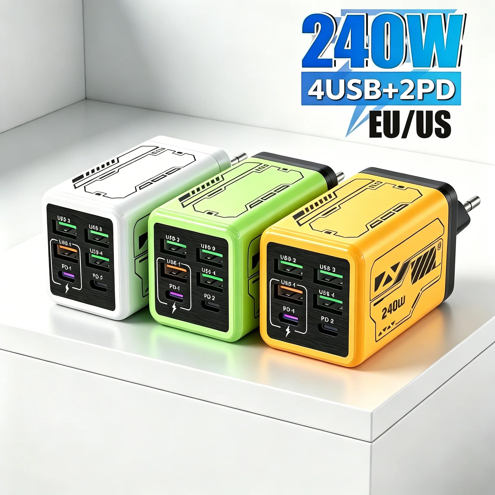 Stazione di ricarica per cellulari 240W Six To One con porte USB-C, adattatore di alimentazione a parete a ricarica rapida per iPhone, Samsung, Xiaomi, Redmi, POCO