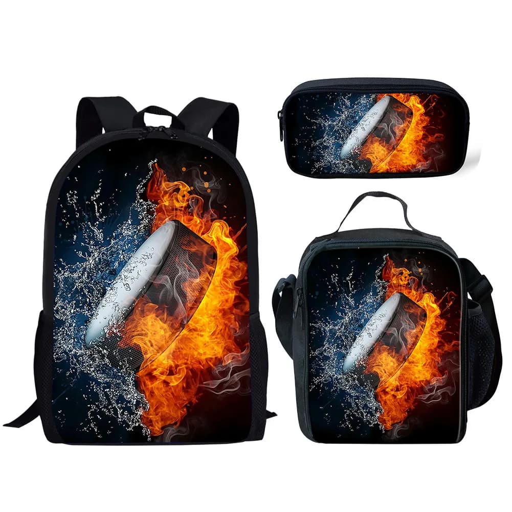 Classico e popolare nuovo set di 3 pezzi con stampa 3D a tema Hockey su ghiaccio: Zaino per studenti, Borsa per laptop, Borsa per il pranzo e Astuccio