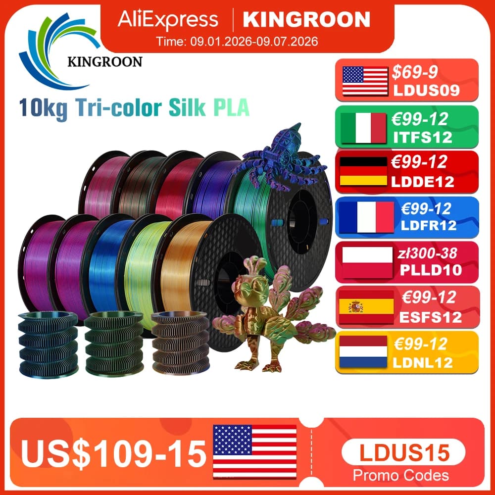 3D printer with PLA filament tricolored in silk KINGROON 1,75 mm 1 kg/rotole PLA thread in silk Plastic material 3D printing Special color