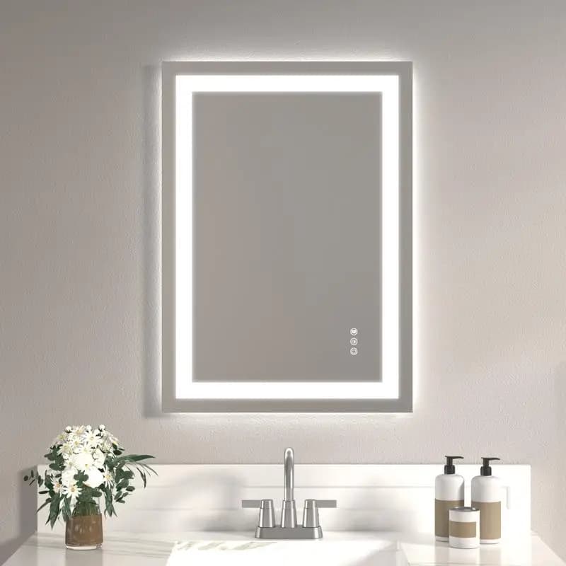 Specchio temperato senza cornice da 20x28 pollici con doppie strisce luminose a LED per illuminazione anteriore e posteriore