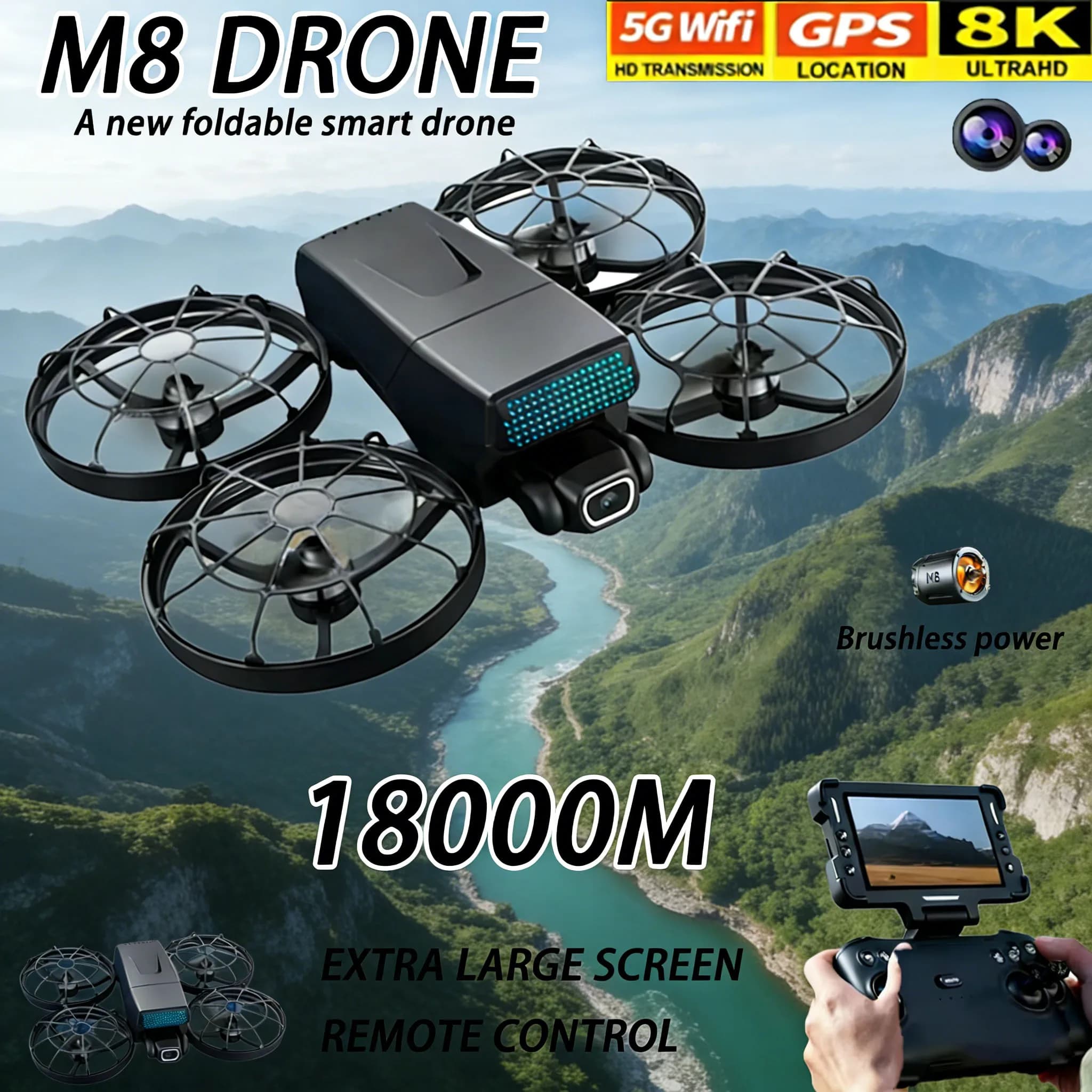 Drone FPV M8 GPS con Fotocamera 8K - Quadricottero Pieghevole WiFi con Motore Brushless 360 ° Giocattolo RC con Evitamento Ostacoli e Ritorno Automatico per Adulti