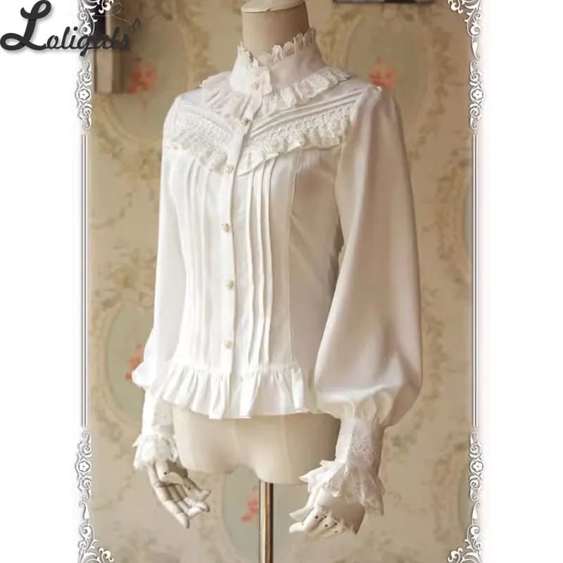 Thick Women's Blouse Classic White/Black Stand Collar Long Puff Sleeve Chiffon Shirt by Infanta