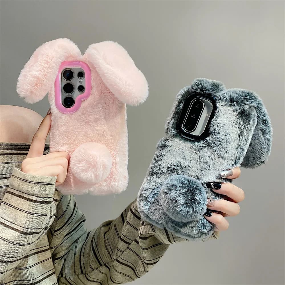 Custodia per telefono con supporto soffice con orecchie di coniglio carine per Samsung Galaxy S25 Ultra/S24 Plus/S23/A56/A36/A35/A17 Custodia protettiva per fotocamera in peluche