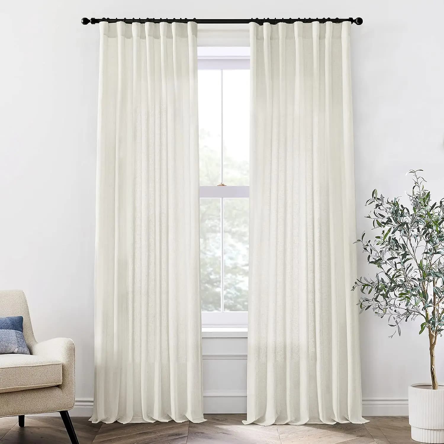 Cream 2-Panel 108-Inch Extra-Long Linen Sheer Curtains, 9-Foot Length, Hook Header for Curtain Tracks, Light-Filtering Ceiling-Hung Drapes