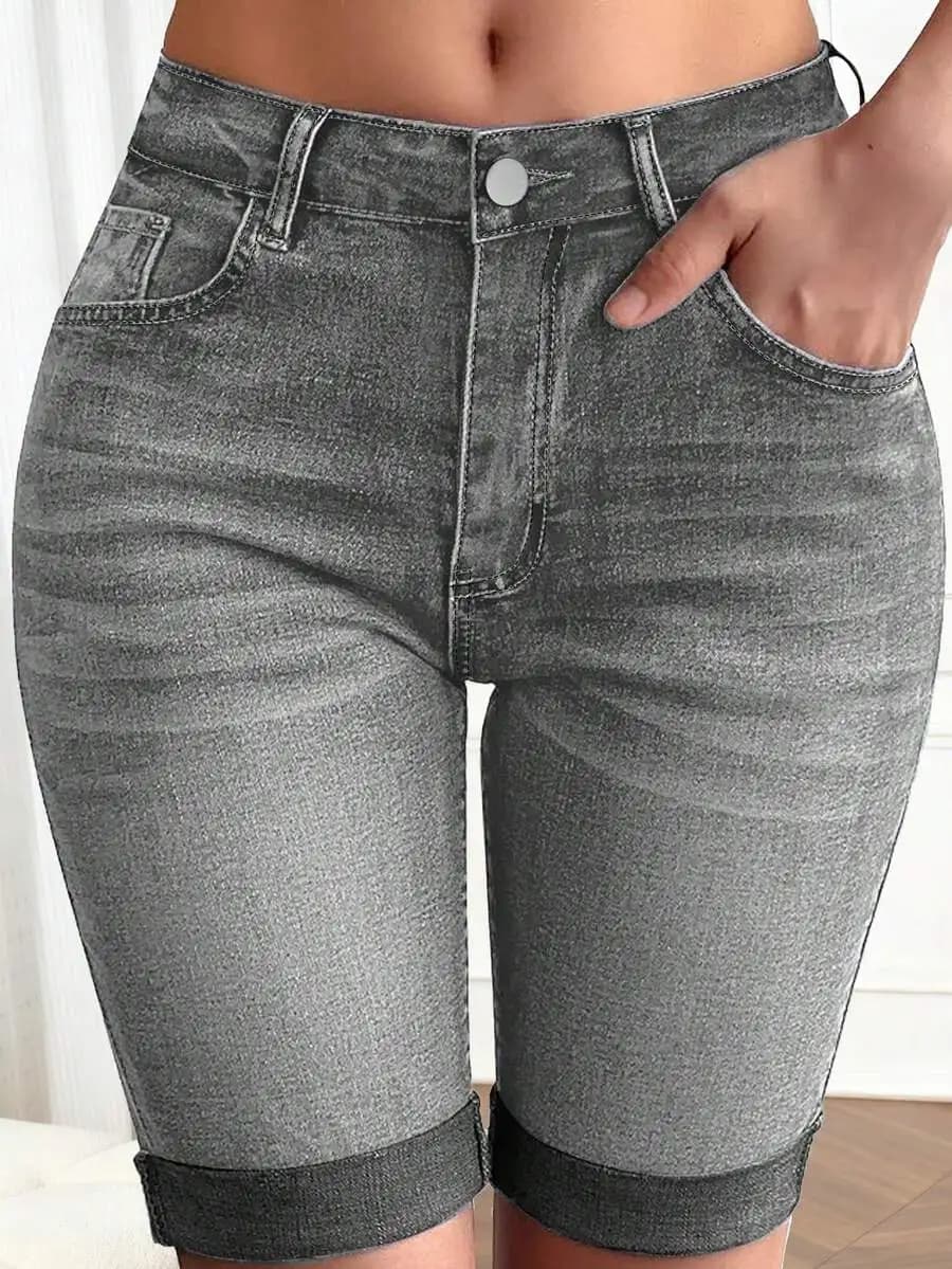 Womens Washed Stretch Skinny Cycling Shorts With Pockets Casual Summer