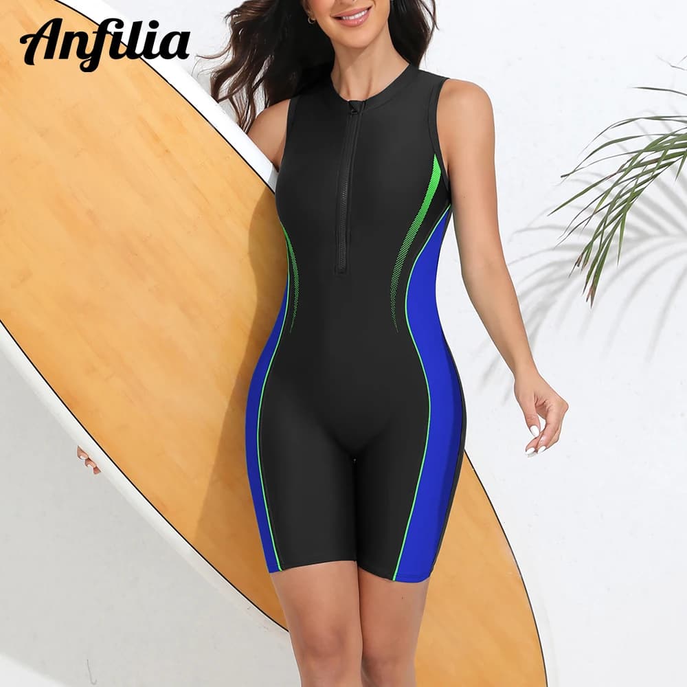 Anfilia Women Sports One-Piece Swimsuit Half Zipper Color Block with Built-In Bras Quick Drying Athletic Boyleg Swimwear